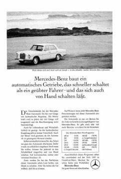 Werbeanzeige Mercedes-Benz: "Mercedes-Benz baut ein automatisches Getriebe, das schneller schaltet als ein geübter Fahrer - und das sich auch von Hand schalten läßt.", Mercedes-Benz Typ 250 S