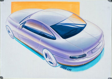 Mercedes-Benz CL-Class, model series 215. The design process begins with many futuristic-looking design drawings of the exterior and interior. Later plastiline and clay models for visualisation purposes are based on some of these, but digital representations for comparison, discussion and further development have also been used for a long time.