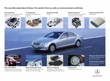 Mercedes-Benz is the world’s first car brand to receive the stringent environmental certificate according to ISO standard 14062 by independent auditors of the German Technical Inspection Agency TÜV SÜD. This environment certificate is based on a comprehensive life cycle assessment. It considers about 40,000 individual processes and the entire life cycle of a car for a total distance of up to 250,000 kilometres (155,342 miles). In 2005, the S-Class was the world’s the first vehicle to receive this stringent environmental certificate confirming a compliance with all standards. Eight Mercedes-Benz vehicles have already been reviewed and certified by independent experts of the German Technical Inspection Agency TÜV Süd Management Service GmbH including: The C-Class saloon (2007), the C-Class T model (2008), the new A- and B-Class generations (both 2009) as well as the S400 HYBRID (2010).  “Many presented solutions can be judged as exemplary", reason the experts of the German Technical Inspection Agency 