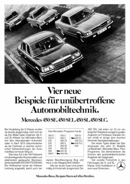 Werbeanzeige Mercedes-Benz: "Vier neue Beispiele für unübertroffene Automobiltechnik"; Mercedes-Benz Typ 450 SE (W 116), 450 SEL (W 116), 450 SL ( R 107), 450 SLC (C 107), Thema V8-Motoren, 1971