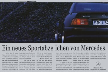 Advertising passenger cars Daimler-Benz AG, 1992: A new sports badge from Mercedes. Motif: Mercedes-Benz SL 60 AMG, Springer & Jacoby advertisement, 1992