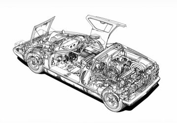 Mercedes-Benz C 111/I
Der Kastenrahmen und die als Überrollbügel ausgebildete, hintere Trennwandumrahmung sind gut zu erkennen. Das Auspuffsystem wurde am späteren C 111/II wesentlch platzsparender ausgelegt.
Durchsichtzeichnung, Phantomzeichnung