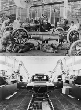 Lackiervorgang damals und heute
oben: Daimler-Motoren-Gesellschaft in Untertürkheim, um 1906. Chassis eines Mercedes-Simplex in der Lackiererei.