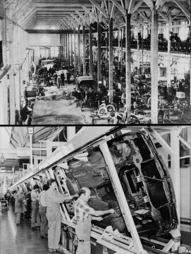 Automobilmontage damals und heute
oben: Daimler-Motoren-Gesellschaft, Wagenmontage 1900
unten: Schrägförderer für ergonomische entlastende Körperhaltung