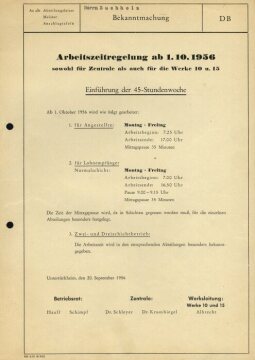 "Introduction of the 45-hour week". Announcement on working hours at the Untertürkheim plant, 1.10.1956.
100 years of social history of the Untertürkheim plant