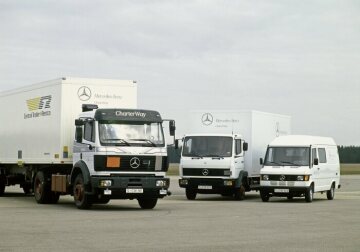 Mercedes-Benz 1735 S tractor unit,
814 with box body,
210 D T 1 panel van,
CharterWay,
1992