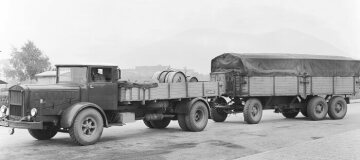 Mercedes-Benz L 6500 (L 54), Pritschenwagen mit OM 54-Dieselmotor, 6,5 to Nutzlast, Versuchswagen mit 8 - 10 to Dreiachs-Anhänger