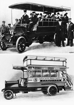 Daimler Omnibusse in Großbritannien
Oben: Daimler 22 PS-Omnibus, 12 - 14 Sitze, 4-Zylinder-Motor, 1903
Unten: Daimler DM 4, Doppeldecker-Omnibus, 4-Zylinder-Motor D 4 mit 28 PS, 1911