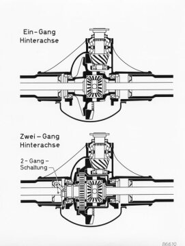 Mercedes-Benz 337
Ein-Gang und Zwei-Gang-Hinterachse
Im gleichen Gehäuse lassen sich die Eingang bzw. die Zweigangachse unterbringen.
1959 - 1960