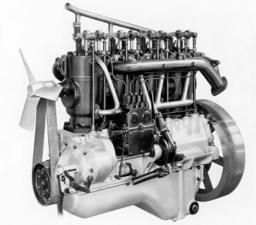 50 PS Benz-Vierzylinder-Vorkammer-Dieselmotor, 1923
Der Benz Vierzylinder-Vorkammer-Dieselmotor OB 2 ist 1923 der erste serienmäßig produzierte Dieselmotor der Welt für Nutzfahrzeuge. Hier die Einspritzseite des bahnbrechenden Triebwerks.