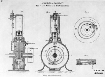 Daimler Motor, stehender Motor für einen Kutschwagen, 1,1 PS, Bauzeit: 1886.