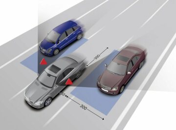 Totwinkel-Assistent: Der von Mercedes-Benz entwickelte Totwinkel-Assistent nutzt Radartechnologie, um den Bereich unmittelbar neben und hinter dem Auto zu überwachen. Er informiert den Fahrer durch ein rotes Warnsignal im Glas des Außenspiegels, wenn der Spurwechsel zu gefährlich ist. 