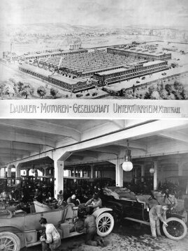Gesamtansicht und Produktion ( Endmontagehalle ) der Daimler-Motoren-Gesellschaft in Untertürkheim, um 1912