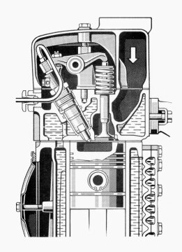 Mercedes-Benz OM 352, 
Zylinderkopfschnitt mit Direkteinspritzung, 
1964