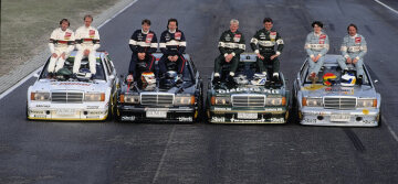 German Touring Car Championship (DTM), October 11, 1992:
Klaus Ludwig, winner of the DTM 1992, on AMG Mercedes 190 E 2.5-16 Evolution II. Kurt Thiim and Bernd Schneider, both also on AMG Mercedes, occupy second and third place.
(DTM driver from left: Jacques Laffite, Jörg van Ommen, Bernd Schneider, Klaus Ludwig, Kurt Thiim, Roland Asch, Ellen Lohr and Keke Rosberg).