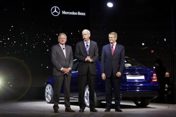 Mercedes-Benz New Year´s Reception 2011 on the eve of the NAIAS in Detroit. Dr. Joachim Schmidt, Executive Vice President Mercedes-Benz Cars Sales and Marketing, Dr. Dieter Zetsche, Chairman of the Board of Management Daimler AG and Head of Mercedes-Benz Cars and Dr. Thomas Weber, member of the Daimler AG Executive Board responsible for corporate research and development at Mercedes-Benz Cars present the new generation C-Class on the eve of the show at the Mercedes-Benz New Year´s Reception 2011.