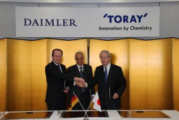 Daimler and Toray to Establish Joint Venture for Manufacturing and Marketing of carbon-fiber based automobile parts: Targeted mass production of high-tech lightweight components significantly improves fuel economy and reduces CO2 emissions of cars. New production and joining process enables large-scale production.
From left to right: Rainer Christian Genes, Vice President, Production Planning Mercedes-Benz Cars, Prof. Dr.-Ing. Bharat Balasubramanian, Vice President Product Innovations & Process Technologies in Group Research & Advanced Engineering Daimler AG and Shinichi Koizumi Executive Vice President Representative Director Toray.