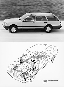 Mercedes-Benz 300 TE 4MATIC: Der automatisch schaltende Vierradantrieb 4MATIK sichert durch Antrieb aller vier Räder und durch automatisch schaltende Sperren optimale Traktion auch bei schwierigsten Fahrbahnzuständen, verbesserte Kursstabilität bei Kurvenfahrt und erfordert auch in kritischen Situationen keine zusätzliche Bedienung durch den Fahrer.