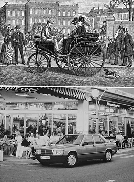 Historical street scene: When the automobile took its first steps in 1886, it became partly curious, partly suspicious. Carl Benz and his wife Bertha alone thought about how to give people mobility and change the world (above).

Mercedes-Benz 190: What was still considered the future version of those days has become commonplace: The automobile as an individual means of transport and the woman at the wheel. And although there are about one hundred years between the two figures, one thing has remained above all: The joy of driving, the effortless movement (below).