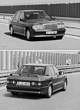 Mercedes-Benz 190 E 2.5-16
Äußerliche Kennzeichen des Mercedes-Benz 190 E 2.5-16 sind die markanten Aerodynamik-Teile, die sowohl den cw-Wert reduzieren als auch für deutlich höhere Abtriebswerte sorgen.