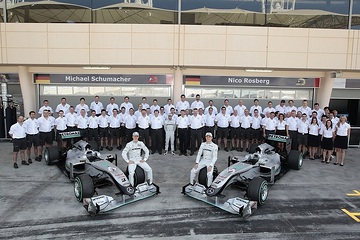 F1 Bahrain: The MERCEDES GP PETRONAS Formula One Team with Michael Schumacher (left) and Nico Rosberg