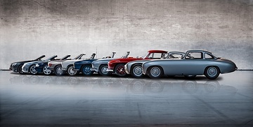 Meet Mercedes Summer “Legend SL”. Cars from Mercedes-Benz Classic. From front right to rear left: Mercedes-Benz 300 SL racing sports car from 1952 (W 194), Mercedes-Benz 300 SL prototype racing sports car (W 194/11) for the 1953 season, Mercedes-Benz 300 SL Coupé from 1957 (W 198), Mercedes-Benz 190 SL from 1961 (W 121), Mercedes-Benz 300 SL Roadster from 1960 (W 198), Mercedes-Benz 280 SL Pagoda from 1970 (W 113), Mercedes-Benz 350 SL from 1971 (R 107), Mercedes-Benz SL 600 from 1995 (R 129), Mercedes-Benz SL 55 AMG from 2005 (R 230), Mercedes-Benz SL 500 Special Edition “Mille Miglia 417” from 2015 (R 231). 