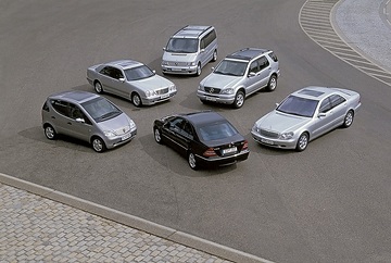 Mercedes-Benz passenger cars with turbodiesel engines and adjustable vanes to overcome "turbo lag" (VTG charger), 2000. From left to right (silver cars): A-Class, model series 168, E-Class Saloon, model series 210, V-Class, model series 638, M-Class, model series 163, S-Class, LWB Saloon, model series 220. Dark car at the front: C 270 CDI Saloon, equipment line AVANTGARDE, tilting/sliding glass sunroof with automatic positioning (special equipment).