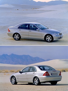 Mercedes-Benz C 180 Limousine, Baureihe 203, Version 2000. Ausstattungslinie CLASSIC, Kühlermaske mit Chromauflage und 2 Lamellen, Stoffdessin York. Aragonitblau Metallic (941), Glas-Schiebe-Hebe-Dach mit Positionierungsautomatik, Leichtmetallräder im 5-Doppelspeichen-Design (Sonderausstattungen).