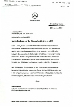 Presseinformationen 20. Dezember 2001