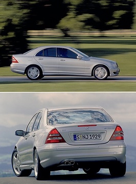 Mercedes-Benz C 32 AMG Limousine, Baureihe 203, 2001 - 2003, Brillantsilber Metallic (744), Glas-Schiebe-Hebe-Dach mit Positionierungsautomatik (Sonderausstattung). V6-Kompressormotor M 112 K, 3.199 cm³, 260 kW/354 PS, AMG SPEEDSHIFT 5-Gang-Automatikgetriebe.