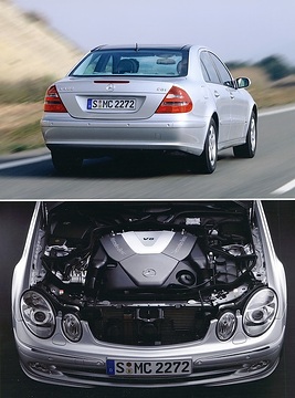 Mercedes-Benz E 400 CDI Limousine, Baureihe 211, Version 2003, V8-Turbodieselmotor OM 628 mit 3.996 cm³ und 191 kW/260 PS. Iridiumsilber Metallic (775), Ausstattungslinie AVANTGARDE, 5 Lamellen im Kühlergrill. Panorama-Schiebedach elektrisch (Sonderausstattung).