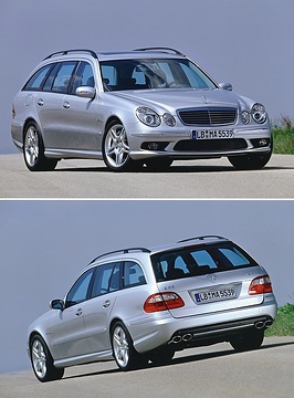 Mercedes-Benz E 55 AMG Estate, model series 211, 2003, brilliant silver metallic. AMG 5.5-litre V8 supercharged engine M 113, 5439 cc, 350 kW/476 hp, AMG SPEEDSHIFT 5-speed automatic transmission, 18-inch AMG twin-spoke light-alloy wheels, AMG sports exhaust system with 2 chrome-plated twin tailpipes, high-performance braking system.