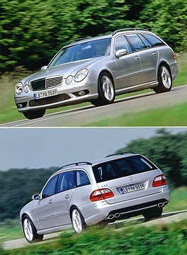 Mercedes-Benz E 55 AMG Estate, model series 211, 2003, brilliant silver metallic. AMG 5.5-litre V8 supercharged engine M 113, 5439 cc, 350 kW/476 hp, AMG SPEEDSHIFT 5-speed automatic transmission, 18-inch AMG twin-spoke light-alloy wheels, AMG sports exhaust system with 2 chrome-plated twin tailpipes, high-performance braking system.
