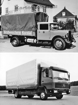 Truck generations
above: Mercedes-Benz L 2500 (L 60), flatbed truck with fluorescent gas drive
below: Mercedes-Benz 814 (LN 2), Flatbed truck