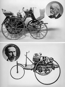 Gottlieb Daimler und seine Motorkutsche (Bild oben), und Carl Benz und der Benz Patent-Motorwagen, 1886.