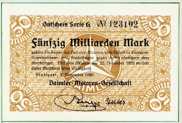 Daimler paper emergency currency of 1923. During the rampant inflation of the 1920s, Daimler-Motoren-Gesellschaft, like many companies, was forced to issue its own money.