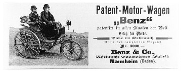 Werbeanzeige Benz & Co., Rheinische Gasmotoren-Fabrik, Mannheim (Baden): "Patent-Motor-Wagen 'Benz' patentirt in allen Staaten der Welt.", Motiv: Patent-Motorwagen Modell 3. Im Wagen: Direktor Brecht (vorn) und Carl Benz (am Steuer). Von diesem Modell wurden etwa 25 Wagen gebaut. Erschienen in "Fliegende Blätter", Nr. 2450 II, S. 2, 1892