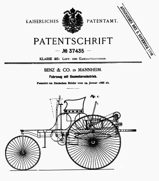 Benz Patent-Motorwagen, 0,75-PS, Modell 1, Patentschrift, Bauzeit: 1885 bis 1886.