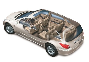 Mercedes-Benz R-Klasse, Version mit langem Radstand als 4+2 Sitzer, Baureihe 251, 2005. Interieur: Phantomzeichnung. Mit wenigen Handgriffen passt sich der Innenraum dem individuellen Platzbedarf oder der Transportaufgabe an. Die Fondsitze 2. und 3. Reihe sind einzeln zu ebenem Ladeboden klappbar. Mit einer Laderaumlänge von 1,982 Metern (2,217 Meter in der Langversion) und einer Breite von 1,246 Metern könnten bequem 6 Reisekoffer verstaut werden. Die R-Klasse bietet je nach Ausstattung insgesamt bis zu 2.001 Liter Ladevolumen. Serienmäßig wird sie als 5-Sitzer mit einer großen Laderaumklappe geliefert, die in die Ladefläche eingelassen ist, sodass der Gepäckraum durch ein zusätzliches Staufach (Volumen: 51 Liter) ergänzt wird. Als Sonderausstattungen erhältlich: EASY-PACK-SYSTEM (Heckklappe automatisch, Code 890, Laderaumabdeckung, Code 723), Trennnetz für Insassenschutz und Ladegutsicherung hinter 1. und 2. Reihe (Code U40).