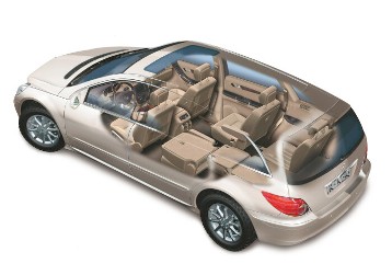 Mercedes-Benz R-Class, version with long wheelbase as a 4+2 seater, model series 251, 2005. Interior: Phantom drawing. In just a few steps, the interior could be adapted to suit individual space requirements or the transport task in hand. The rear seats in the 2nd and 3rd row were individually foldable for a level load compartment floor. With a load compartment length of 1.982 metres (2.217 metres in the long version) and a width of 1.246 metres, 6 suitcases could be stowed with ease. Depending on equipment level, the R-Class had a luggage capacity of up to 2001 litres. As standard it came as a 5-seater with a large tailgate recessed into the luggage compartment floor, creating an additional stowage compartment (capacity: 51 litres). Available as special equipment: EASY-PACK SYSTEM (automatic tailgate, Code 890, load compartment cover, Code 723), partitioning net for occupant protection and load securing behind the 1st and 2nd row (Code U40).