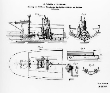 Drawing for Daimler patent "Device for operating a screw-shaft of a ship by means of a gas or petroleum engine". Illustration from German patent no. 39367 of October 9, 1986