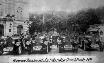 Robert-Batschari-Fahrt und Baden-Badener Automobiltunier, 17. - 24.07.1925. Die vier ersten Preisträger von links: Max Sailer auf Mercedes 24/100/140 PS, Fritz Nallinger auf Mercedes 15/70/100 PS, Rudolf Caracciola auf Mercedes 24/100/140 PS und Alfred Neubauer auf Mercedes15/70/100 PS.