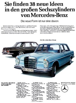 Advertisement Mercedes-Benz: "You will find 38 new ideas in the large six-cylinder engines from Mercedes-Benz - the new shape is just one of them", Mercedes-Benz Type 200, 200 D, 230, 230 S, 250 S, 250 SE, 250 SE Cabriolet, 250 SE Coupé, 300 SE, 300 SEL, 300 SE Cabriolet, 300 SE Coupé, 230 SL, 600, 600 Pullman