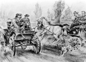 The first car race from Paris to Rouen, 22 July 1894: Emile Roger, the first ever foreign sales agent for Benz vehicles, finished in 14th place driving a Benz Vis-à-Vis 3 hp and was awarded fifth prize. Drawing by Hans Liska dating from 1960.