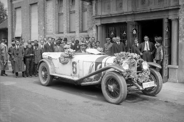 Reception of the winner Merz in Untertürkheim -
German Grand Prix for sports cars at the Nürburgring, July 17, 1927. Otto Merz (start number 8) with a Mercedes-Benz S. Winner in the over-3-liter racing car category.
