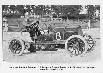 Eröffnungsrennen auf der Brooklandsbahn des Automobil Racing Club, 06.07.1907. J. E. Hutton (Startnummer 8), der Sieger im Rennen um den Montague - Pokal auf seinem siegreichen 120 PS Grand-Prix-Rennwagen.