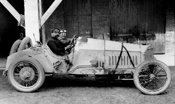 French Grand Prix, near Lyon, 4 July 1914. The eventual winner, Christian Lautenschlager, at the wheel with co-driver Hans Rieger in a 115 hp Mercedes Grand Prix racing car.