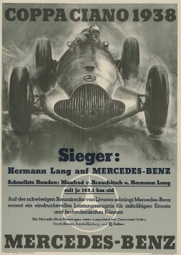 Theo Matejko, race poster Coppa Ciano near Livorno, 7.8.1938, offset 80 cm x 56 cm.

An illustration for a Mercedes-Benz racing poster was created by Theo Matejko, the most famous German press artist of his time. Why did it remain a one-off? Was Matejko standing in for Gotschke, was it a trial run, was Matejko, known as a moody genius, too unreliable for those responsible at Daimler-Benz? These questions can probably no longer be answered today.