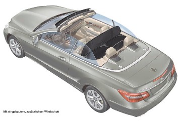 Mercedes-Benz E-Class Cabriolet, model series 207, graphic of the complete vehicle with AIRCAP special equipment (retractable wind deflector in the windscreen frame combined with wind deflector between the rear head restraints) extended by additionally fitted, folding wind deflector in the middle of the car (angled wind deflector available as an accessory).