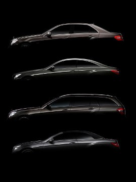 Mercedes-Benz E-Klasse Limousine, Baureihe 212, Coupé, Baureihe 207, T-Modell, Baureihe 212, Cabriolet, Baureihe 207, Versionen 2010, Silhouetten von oben nach unten.